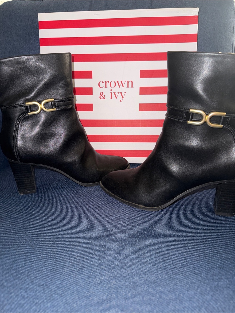 crown & ivy Black Leather Ankle Booties with Gold Accent
